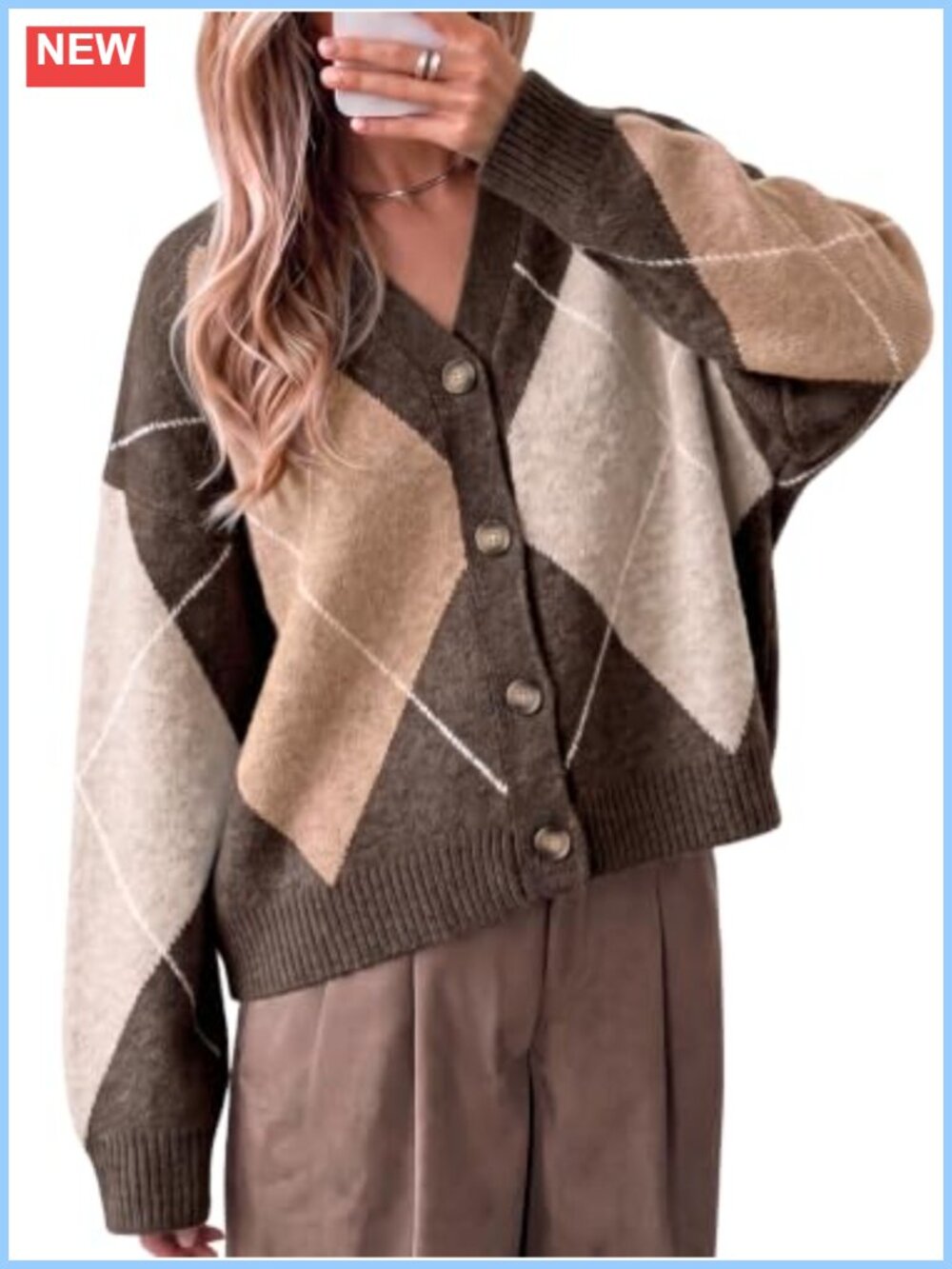 Plaid Color Block Cardigan V Neck Long Sleeve Knit Sweater Oversized